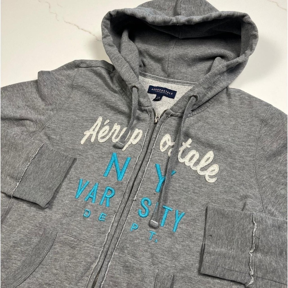 Aeropostale Gray Full Zip Hoodie Varsity NY Logo Sweatshirt Y2K Large